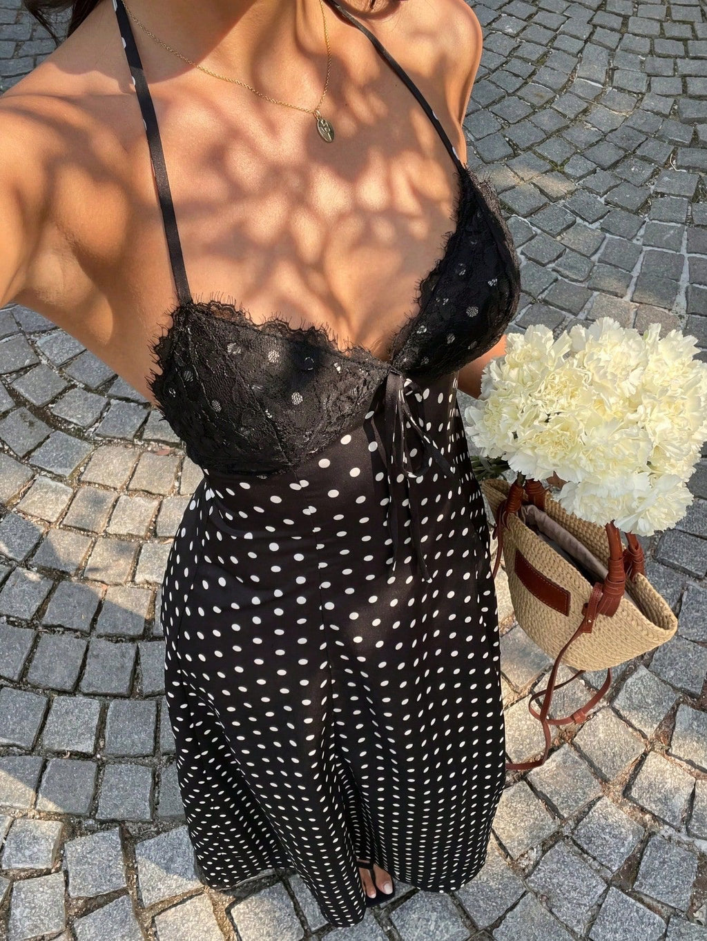 Womens Polka Dot Lace Strap Backless Dress
