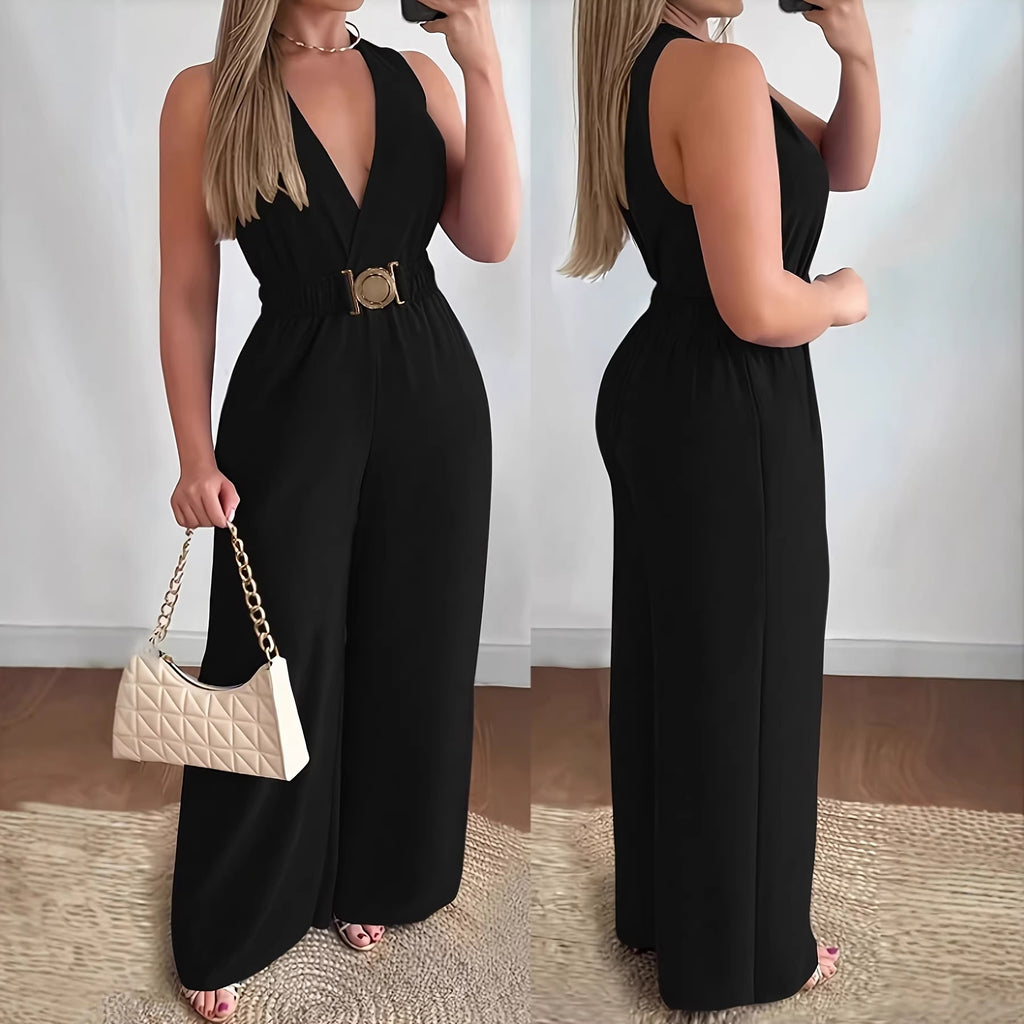 Womens Deep V-Neck Sleeveless Wide-Leg Jumpsuit