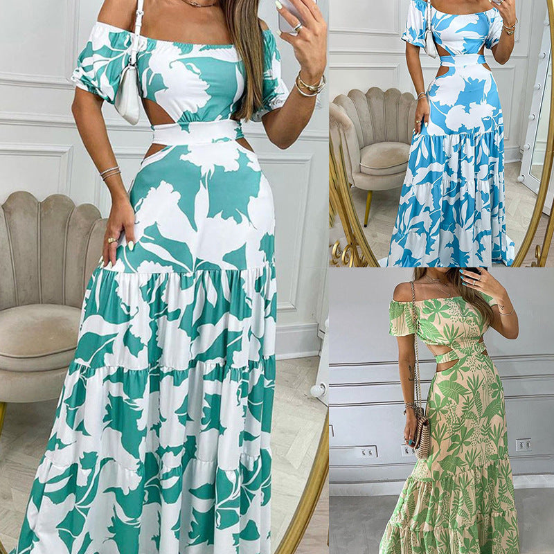 Womens One Word Collar Printed Long Dress Sleeveless Slim Fit