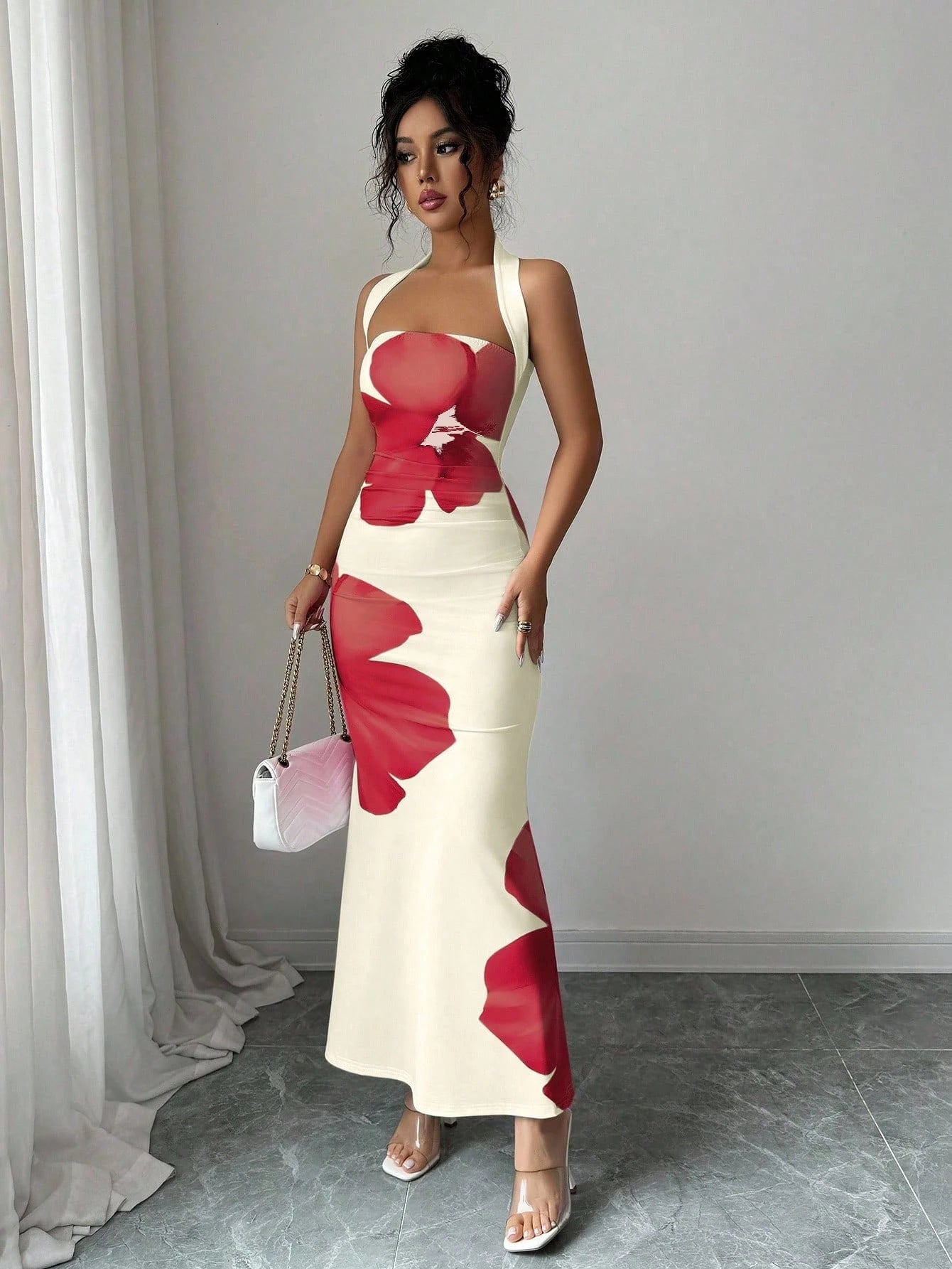 Womens Floral Print Halter Neck Dress