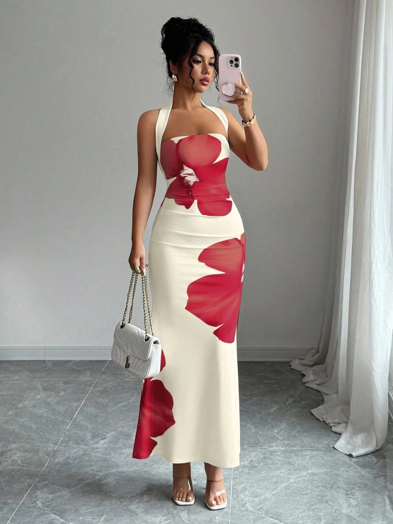 Womens Floral Print Halter Neck Dress