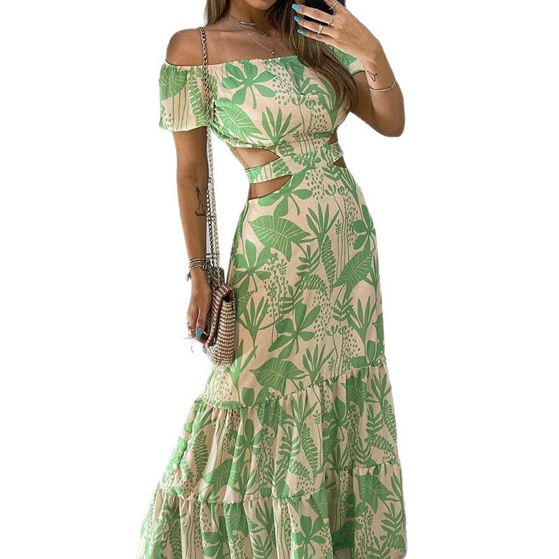 Womens One Word Collar Printed Long Dress Sleeveless Slim Fit