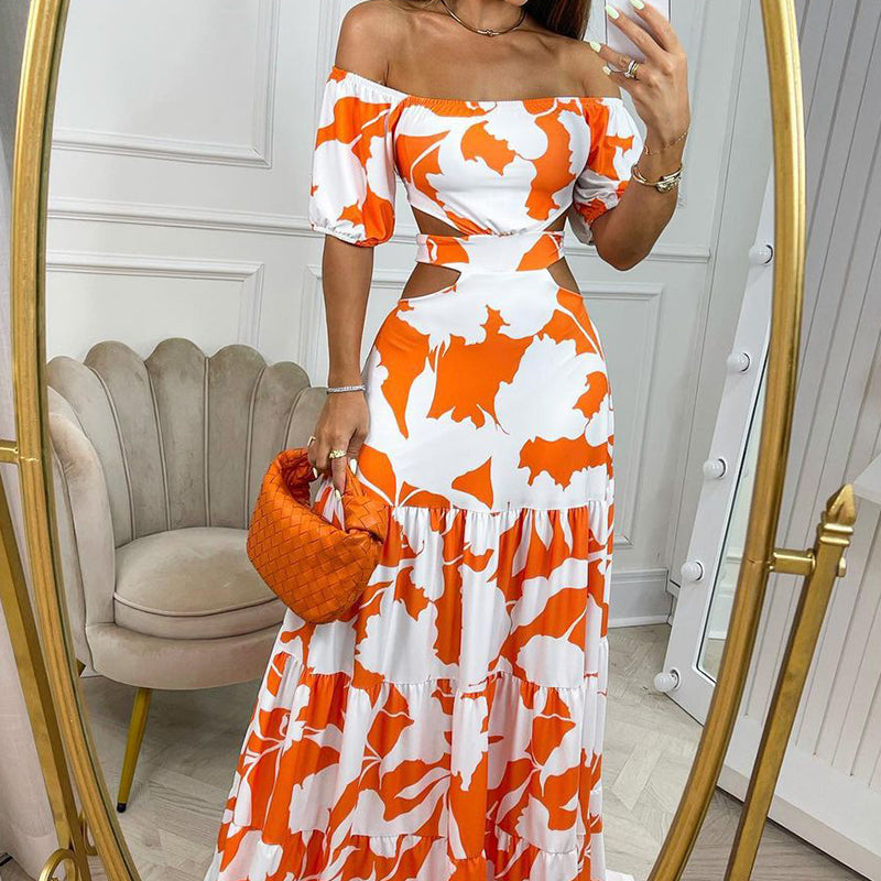 Womens One Word Collar Printed Long Dress Sleeveless Slim Fit