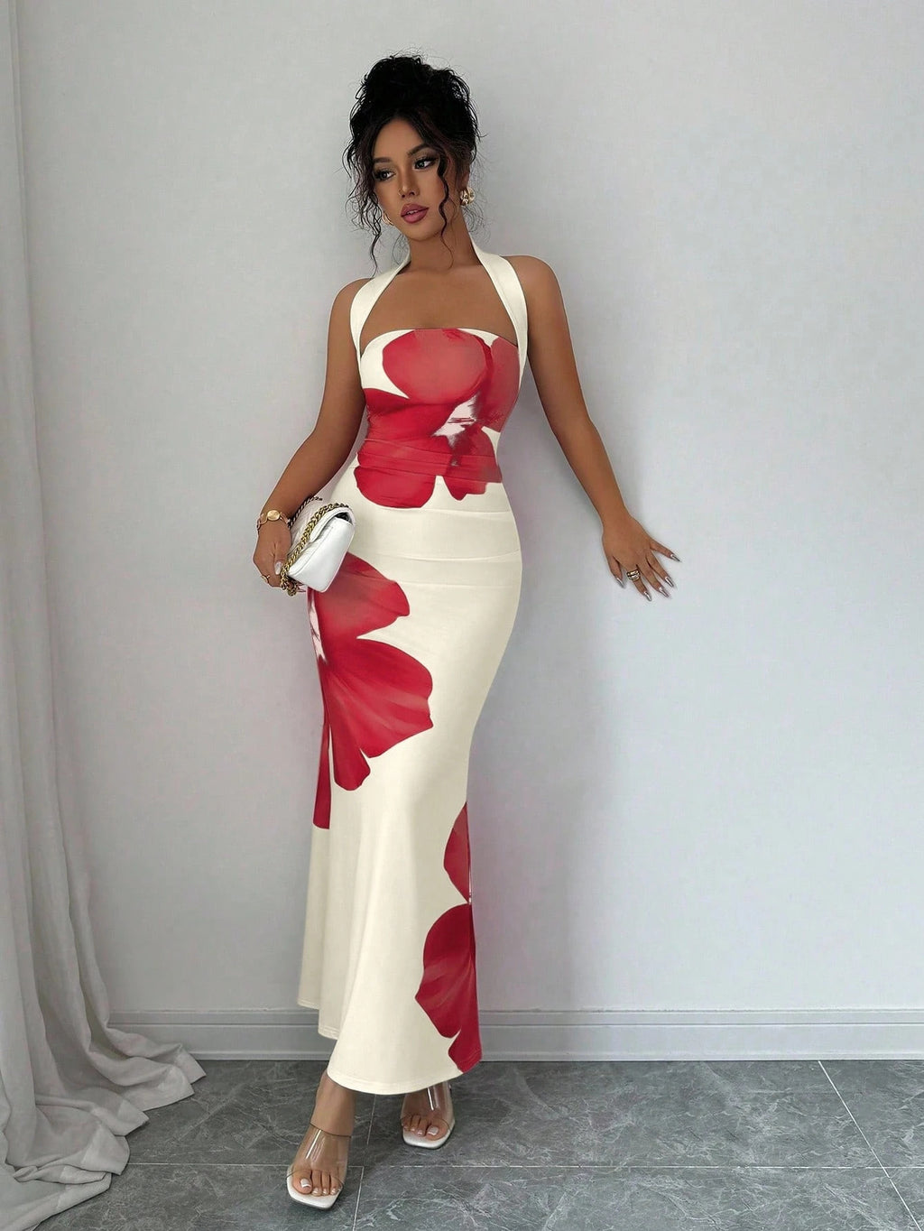 Womens Floral Print Halter Neck Dress