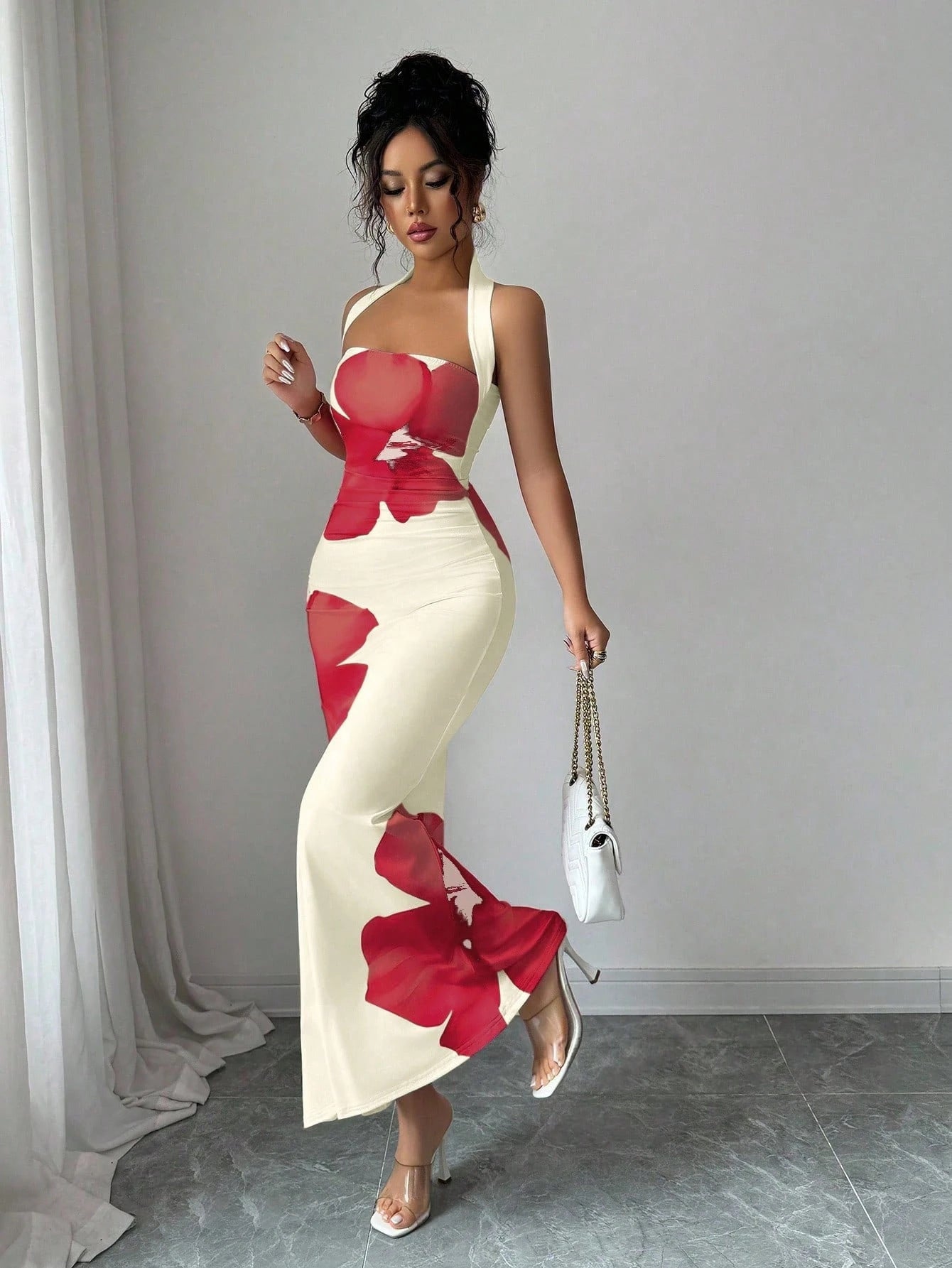 Womens Floral Print Halter Neck Dress