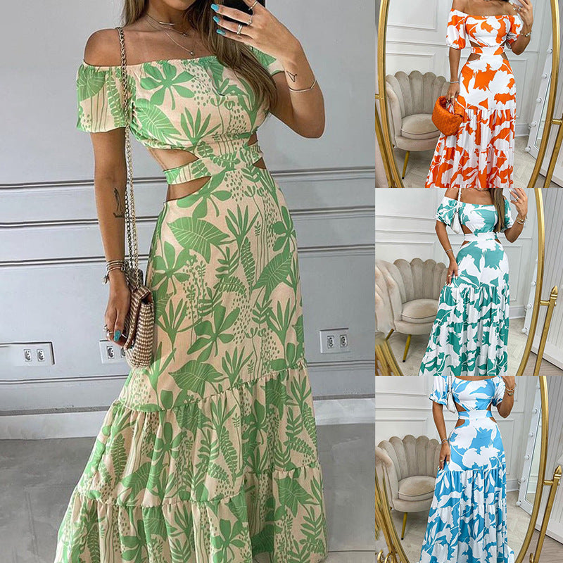 Womens One Word Collar Printed Long Dress Sleeveless Slim Fit